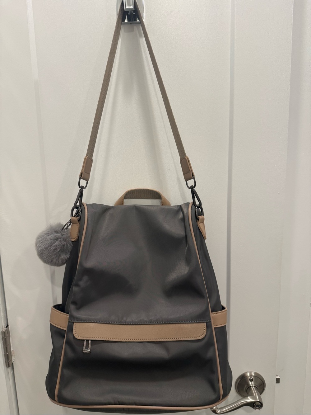 Super cute Gray Backpack Tote with Tan Trim - Women's Convertible Shoulder Bag